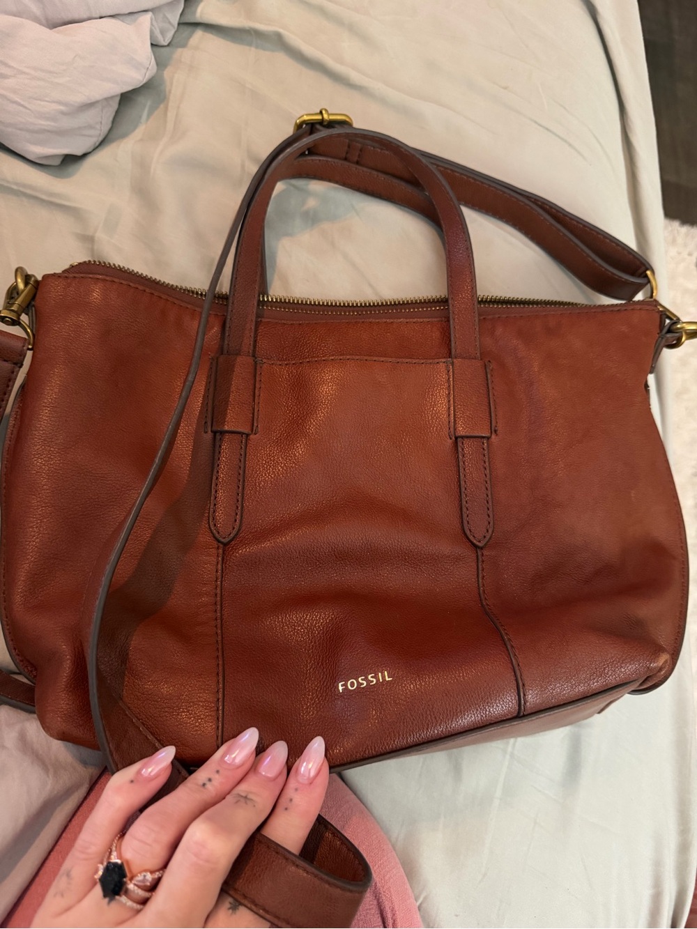 Fossil Brown Leather Tote with Gold Hardware